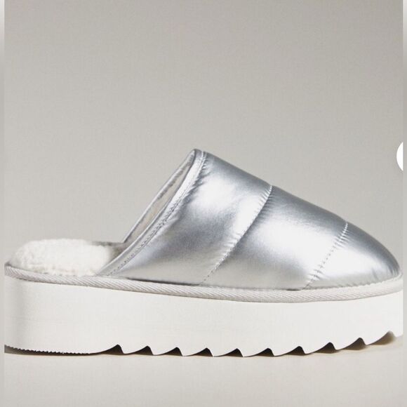 Anthropologie Maeve Silver puffy platform slide slippers - Picture 1 of 8